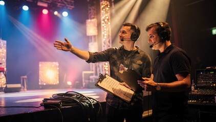Fototapeta premium Medium shot of director coordinating sound and lighting with stage manager during a vibrant musical cuetocue rehearsal surrounding stage elements softly blurred.