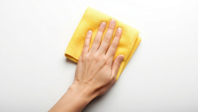 A hand grasping a yellow cloth on a white backdrop.