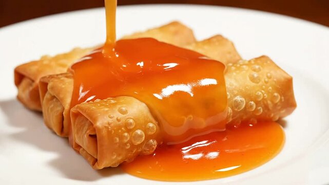 Delicious Crispy Spring Rolls Drizzled With Sweet Chili Sauce On A White Plate Showing Appetizing Detail And Texture