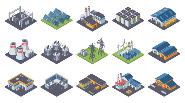 Isometric Pixel Art City and Industrial Buildings Collection.