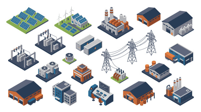 Isometric Industrial Buildings and Power Infrastructure.