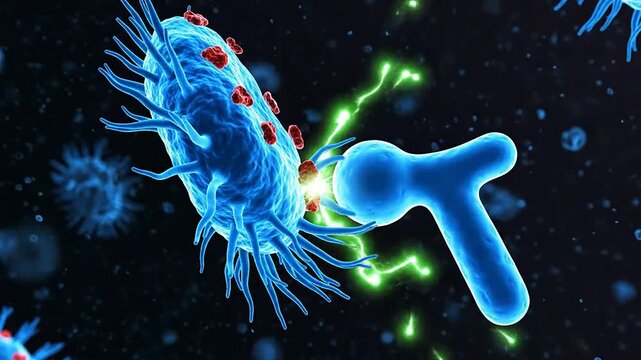 Detailed 3D Illustration of Antibody Binding to Bacterial Cell With Vibrant Colors and Complex Background for Medical and Biotechnology Concepts