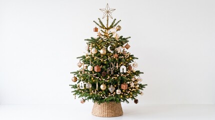Fototapeta premium Festive Elegance: A beautifully decorated Christmas tree, adorned with warm fairy lights and elegant ornaments, stands ready to welcome the holiday season.