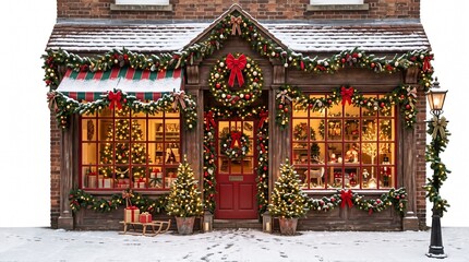 Fototapeta premium Festive Christmas Shop Facade: A quaint storefront adorned with twinkling lights, garlands, and wreaths, beckons shoppers into a winter wonderland, evoking the spirit of the holiday season.