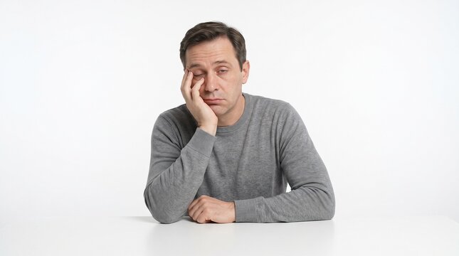 A man looking bored and tired, resting his head on his hand. He is wearing a grey sweater and sitting at a white table. His eyes are half-closed, conveying a sense of weariness or disinterest.