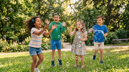 Fototapeta premium Joyful Childhood Fun: Four delighted children, a mix of boys and girls, laugh and play in a sun-dappled park, blowing and chasing iridescent soap bubbles.