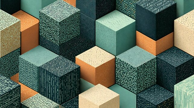 Abstract isometric 3D cubes with textured patterns in teal and orange. Perfect for modern graphic design, tech.