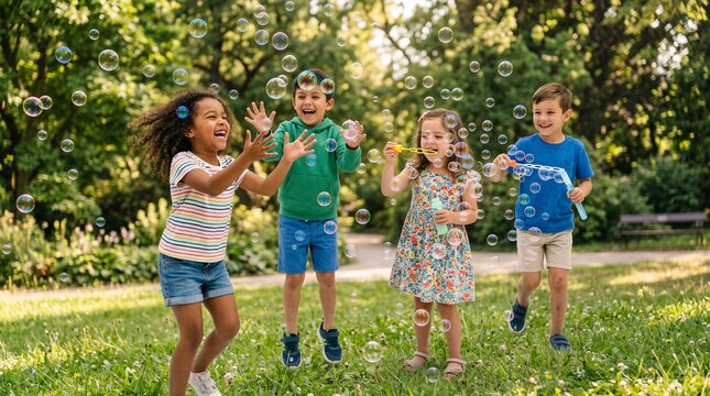 Joyful Childhood Fun: Four delighted children, a mix of boys and girls, laugh and play in a sun-dappled park, blowing and chasing iridescent soap bubbles.