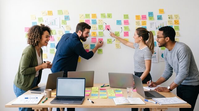 Agile Collaboration: A diverse team brainstorms and plans on a wall covered with colorful sticky notes and charts, showcasing a dynamic and collaborative approach to problem-solving.