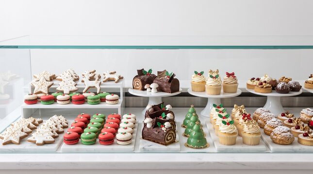 Festive Holiday Pastries Display: A delightful assortment of Christmas-themed desserts, including star-shaped cookies, macarons, cupcakes, and yule logs, arranged elegantly in a display case.