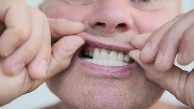 closeup funny senior man showing dental bridge and natural teeth, partial denture visible, mixed teeth, oral health, dental prosthetics, emotional smile, stomatology, before and after open-mouthed