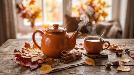 Fototapeta premium Warm Terracotta Teapot and Steaming Cup of Tea on Rustic Wooden Table with Autumn Leaves and Cinnamon Sticks