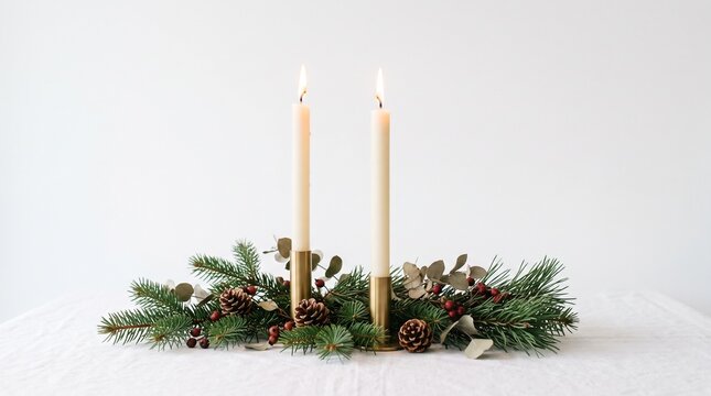Festive Candle Centerpiece: A warm and inviting Christmas centerpiece featuring two lit candles nestled among evergreen branches, pinecones, and red berries, evoking a cozy holiday spirit.