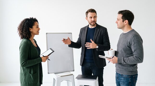 Strategic Discussion: Three diverse professionals engage in a focused business meeting, with a whiteboard in the background suggesting a brainstorming or presentation session.