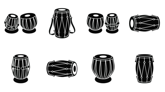 Set of traditional Indian percussion instrument black vector icons including tabla and dholak drums.