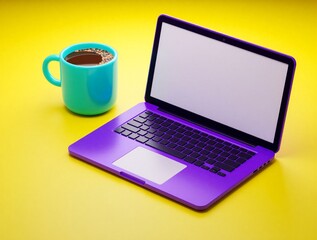 Fototapeta premium Purple laptop computer with blank white screen sits on bright yellow surface beside blue coffee mug. Modern tech device stands near hot drink cup. Minimal 3d illustration represents freelance work