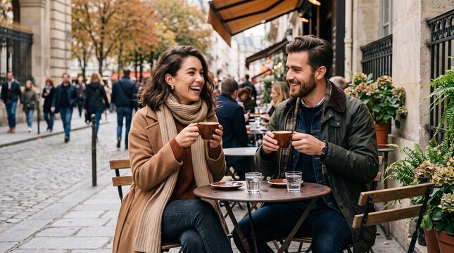 Couple enjoys coffee at outdoor cafe in Paris during autumn with warm terracotta and golden foliage