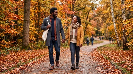 Fototapeta premium Couple Holding Hands Walking on Autumn Path Surrounded by Golden Foliage and Falling Leaves