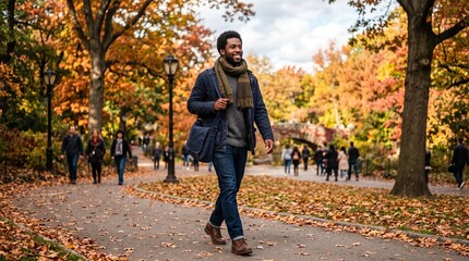 Fototapeta premium Man walking in park during autumn with colorful foliage and fallen leaves