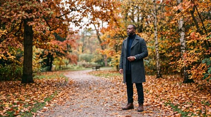 Fototapeta premium Stylish man in grey coat walks through autumn park with fallen leaves and vibrant foliage