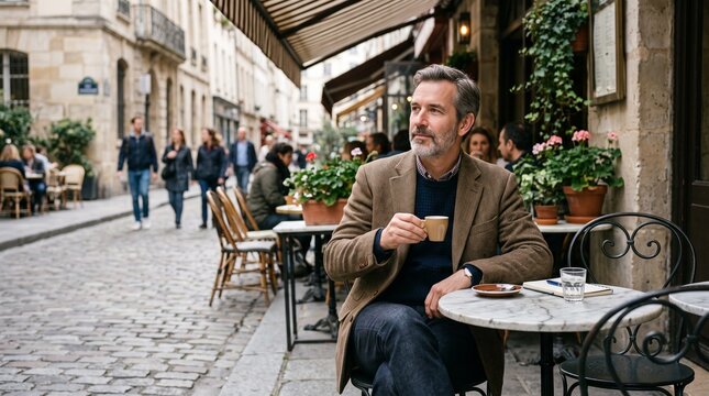 Sophisticated Man Enjoys Coffee at Parisian Cafe Terrace with Cobblestone Street Background