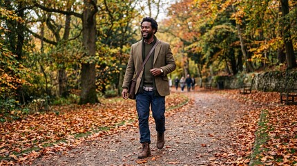 Fototapeta premium Man walking on autumn path with fallen leaves and colorful trees, warm terracotta and golden foliage