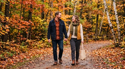 Fototapeta premium Couple Holding Hands Walking on Autumn Path Surrounded by Vibrant Fall Foliage and Fallen Leaves