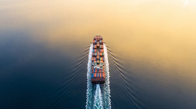 Aerial view of a large container ship sailing across the calm blue ocean during a bright golden sunset