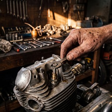 Close-up of a mechanic's dirty hand tightening a bolt on a vintage motorcycle engine with a spanner in a garage workshop