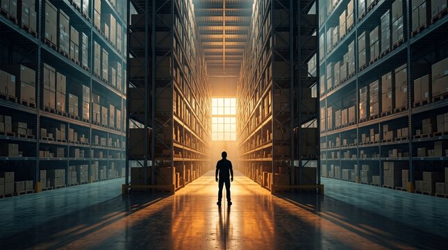 Silhouette of a man standing in the center aisle of a massive modern warehouse filled with stacked cardboard boxes on high shelves during golden hour light