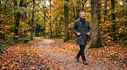 Fototapeta premium Mature Man Walking Through Autumn Forest Path Covered in Fallen Leaves