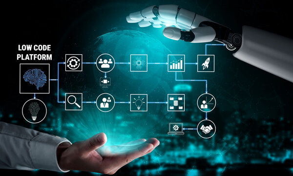 Impressive Representation of Low Code Platform with Robotic Hand Interacting with Digital Elements on Futuristic Background Quark.