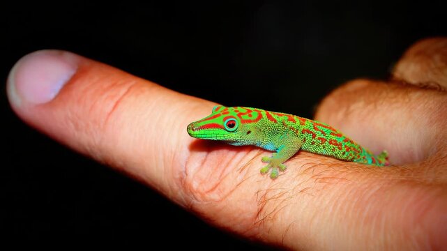 Small Phelsuma day gecko resting on a human finger, vibrant green and red reptile skin texture, close up macro wildlife video, black background