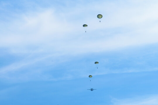 Military paratroopers descending with open parachutes in a blue sky. Airborne soldiers jumping from a transport airplane. Tactical skydiving training operation