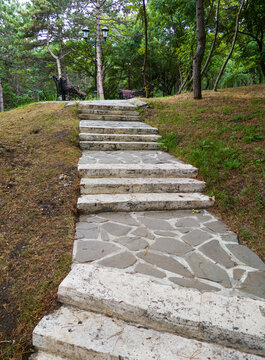 Vertical photo of stone stairs leading up a hill in a green park. Rustic pathway, staircase with vintage lamppost and wooden benches among trees