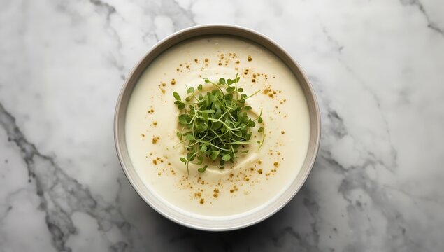 Aerial perspective of traditional French chilled vichyssoise &ndash; potato leek soup served warm or cold, garnished with microgreens on a marble table. Healthy cuisine idea. Blurred focus.