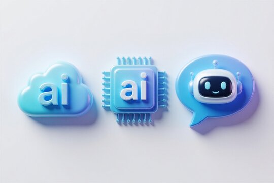 Set of 3D icons for artificial intelligence tech. Blue cloud symbol chip processor, robot assistant head inside speech bubble. Modern digital graphic elements for web interface app design. Abstract