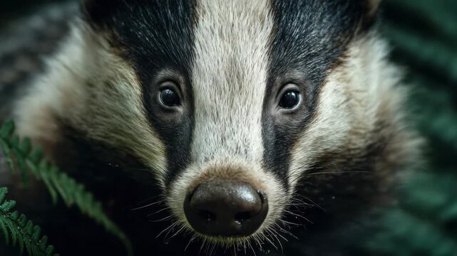 European Badger portrait in natural forest habitat, close up video footage of wild animal with distinctive black and white face stripes in nature