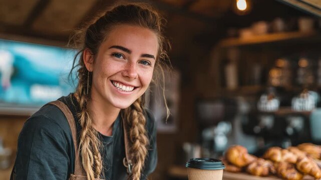Friendly young female barista smiling at camera while working in a cozy coffee shop, holding a takeaway cup with fresh pastries in the background