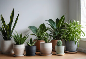 Fototapeta premium Assortment of green house plants in various pots on a wooden surface near a window with blinds, the plants include snake plants, succulents, and other leafy varieties