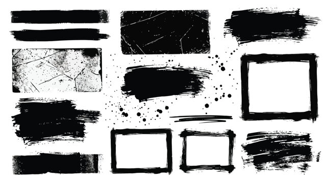 Grunge black ink brush strokes and frames set, distressed paint textures and splatters, hand drawn charcoal border elements for urban design