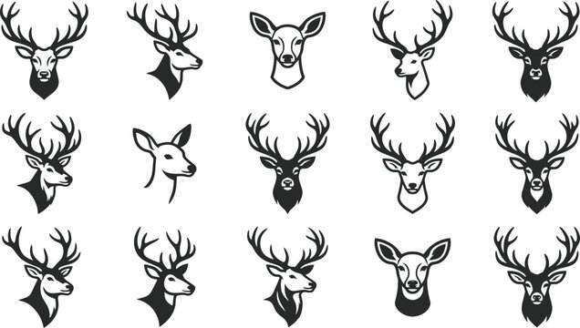 Set of hand drawn deer head illustrations featuring various antler styles and profiles for creative design projects