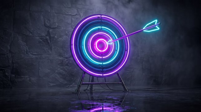 Neon target with arrow hitting bullseye, glowing pink and blue archery board on stone background, futuristic business goal concept