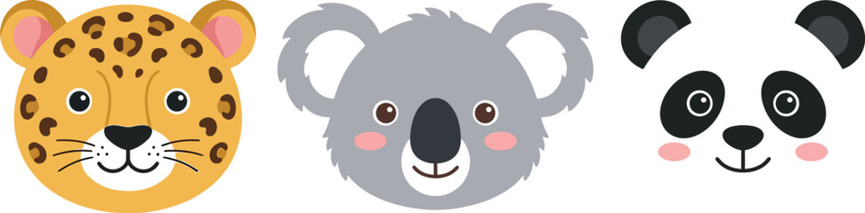 Cute cartoon animal faces set featuring a leopard a koala and a panda bear in simple vector style © Lipi