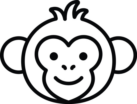 Simple black and white line art illustration of a cute monkey face for children or design projects