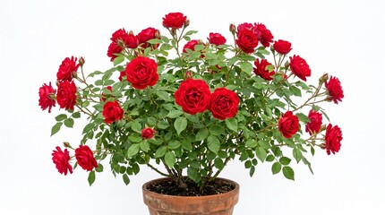Naklejka premium Blooming Red Rose Plant in Clay Pot Isolated on White Background