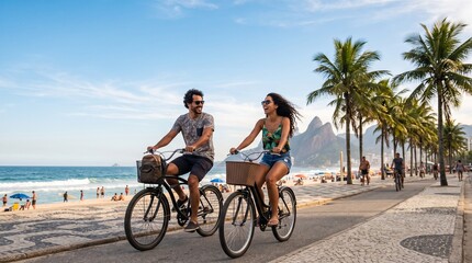 Fototapeta premium Happy Brazilian couple cycling on a sunny beach promenade