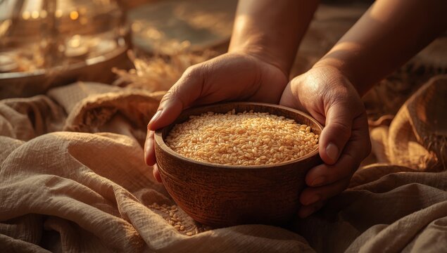 Hands with a wooden bowl of rice for charity, representing Islamic zakat to aid the less fortunate. Conceptual imagery for property, income, and fitrah donations.