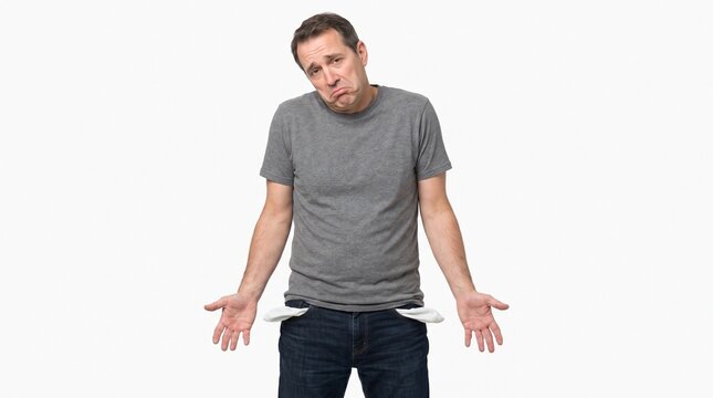 A man standing with his empty pockets turned out, showing a feeling of financial distress or lack of money