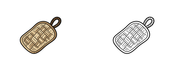 Woven bath washcloth pad with loop in flat colored and line art cartoon styles in beige and black colors used for scrubbing skin in shower on a white background © Dzianis